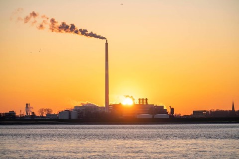 Sunset over the Weser estuary with a view from the ferry harbour in Bremerhaven to Nordenham,