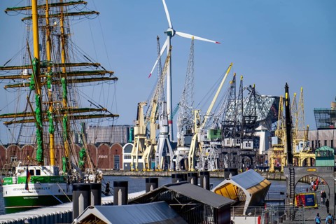 Harbour cranes on the Scheldekai, the world's largest collection of historic cranes, are part of