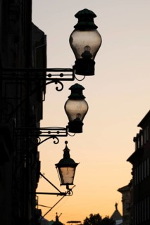 Silhouette of historic street lamps in the evening light, nostalgic atmosphere, Copenhagen,