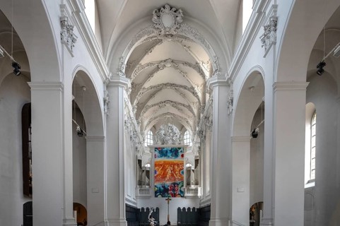 Chancel with luminous altarpiece created by the painter Jacques Gassmann, Heavenly Jerusalem 2011,