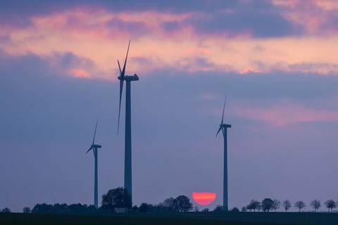 Rossau wind farm at sunset, Rossau wind farm, Rossau, Saxony, Germany, Europe