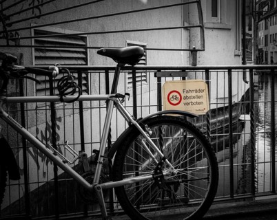 Bicycle, railing, prohibition sign, text, prohibition, city, Freiburg, Germany, Europe