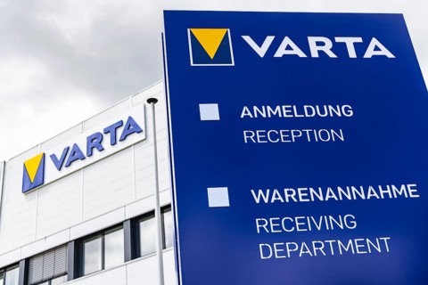 Varta, plant for the production of batteries, electromobility. Logo on the factory building.