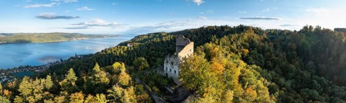 Aerial view, panorama of Lake Constance, Lake Überlingen, with the ruins of Altbodman on the