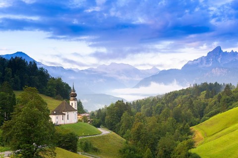 Maria Gern pilgrimage church, view of the Watzmann, in front of sunrise, Berchtesgarden Alps,