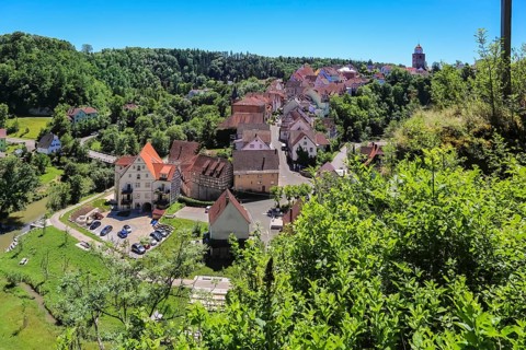 View of Haigerloch, lower town, Eyach valley, houses, roofs, rocky town, baroque gem, Haigerloch,