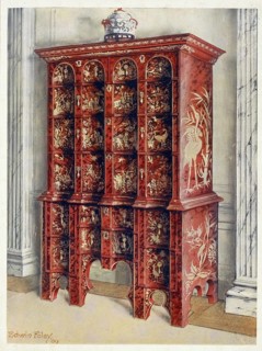 Furniture around the turn of the century 1900, Double chest of drawers in red and gilt lacquer, Red