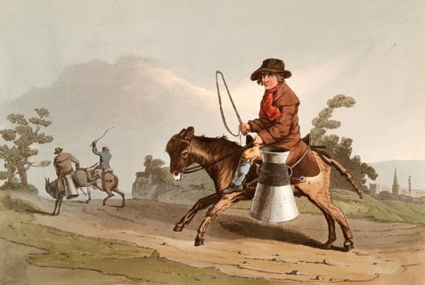 Scene from everyday life in England around 1810, boy transporting milk in a can on a donkey, milk
