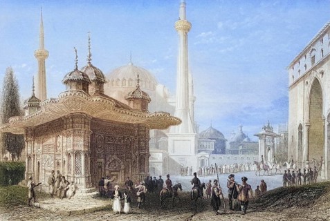 Fountain and Saint Sophia Square, Istambul, Turkey, Historical, digitally restored reproduction