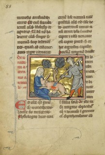 A unicorn with its head in the lap of a girl. De Natura Avium, Bestiarium Mirabilia Mundi,