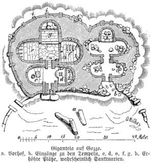 Phoenician temple Ggantija on Gozo, Mediterranean island, Malta, historical illustration 1880,