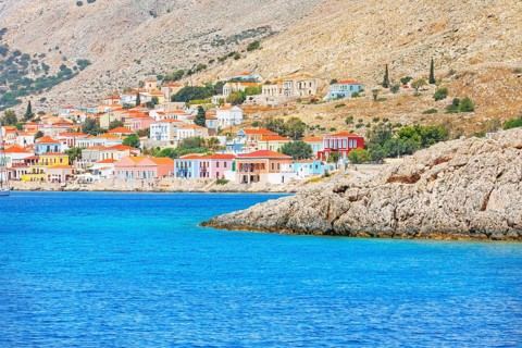 View of Emporio harbour, Halki Island, Dodecanese Islands, Greece, Europe