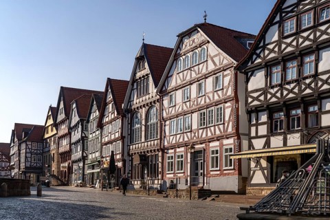 Half-timbered houses on the market square in Fritzlar, Schwalm-Eder district, Hesse, Germany,