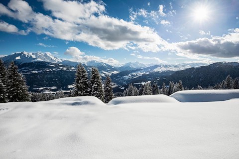 Snow-covered winter landscape, above Flims and Laax, view of the Vorderrheintal, Canton of