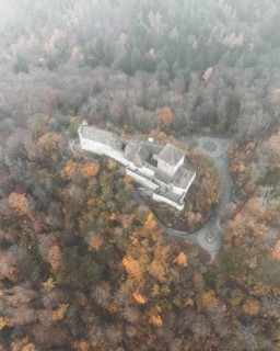 Aerial view of Hohenklingen Castle above Stein am Rhein on a foggy autumn day, Canton Schaffhausen,