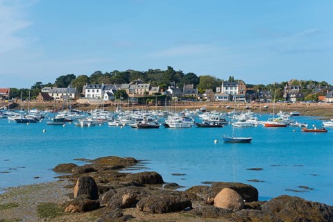 A multitude of boats in the harbour in front of a coastal town, Ploumanac'h, Ploumanach,
