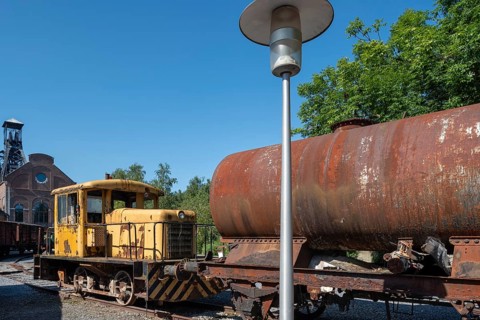 Old coal mining locomotive at Le Bois du Cazier coal mine museum, Marcinelle near Charleroi,