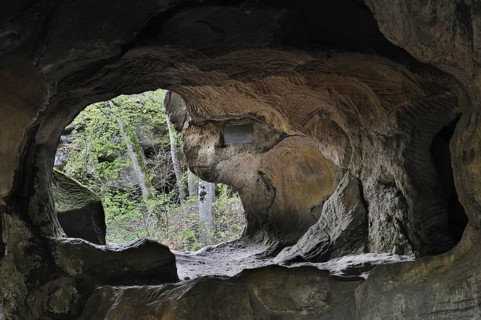 The Hohllay cave showing grooves and circles in the sandstone rock from carving millstones,