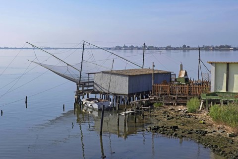 Carrelets, lift nets, lever nets in the Po River Delta, north of Taglio della Falce, Ferrara,