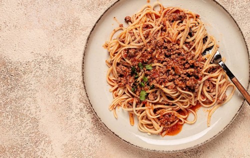 Spaghetti Bolognese, top view, close-up, without people, homemade