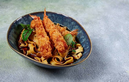 Udon noodles with shrimp in tempura, Japanese cuisine, homemade, no people