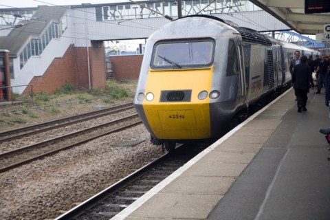 East Coast mainline train at platform, Peterborough station, England, United Kingdom, Europe