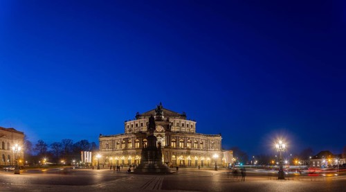 Semperoper am Theaterplatz with King Johann monument in the evening, Dresden, Saxony, Germany,
