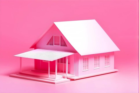 AI generated pink paper house nestled against a seamlessly matching pink backdrop