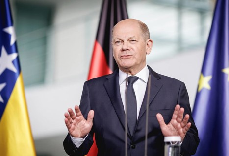 Olaf Scholz, Federal Chancellor, speaks at a press conference during the visit of the Chairman of