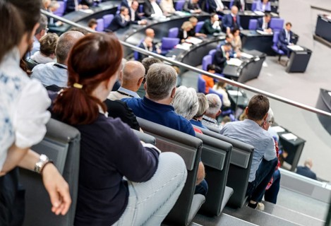Visitors on a tribune in the plenary chamber of the German Bundestag, Berlin, 13 June 2024, Berlin,