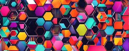 Abstract geometric patchwork illustration with vibrant intersecting geometric shapes filled with