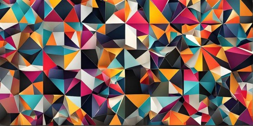 Abstract geometric patchwork illustration with vibrant intersecting geometric shapes filled with