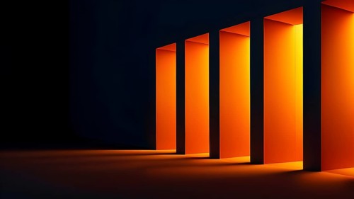 Windows aligned within an elongated tunnel permeated with gradients of orange hues, AI generated
