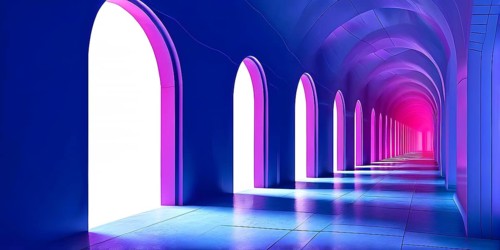 Windows aligned within an elongated tunnel permeated with gradients of blue and magenta hues, AI
