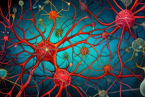 Abstract microscopic view on nerve cells intermingled with cancer cell, AI generated