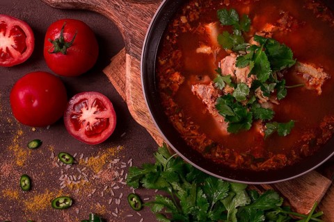 Kharcho soup, traditional Georgian dish, spicy soup, red, homemade, no people