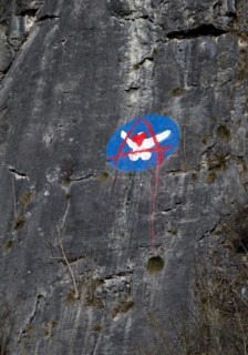 Steep rock face made of mass limestone with painting, Hönnetal, Balve, Sauerland, North
