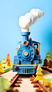 Vintage wooden locomotive toy with a playful design in front of blue background, AI generated