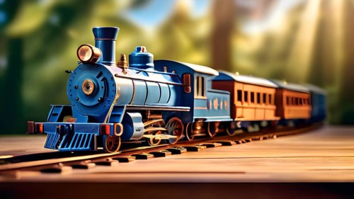 Vintage wooden locomotive toy with a playful design in front of blurred background, AI generated