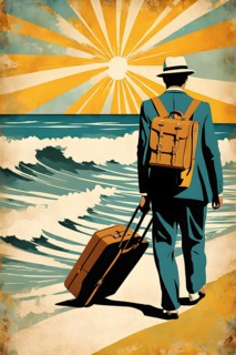 Vintage collage of a tourist with suitcase on a beach symbolizing vacation, AI generated