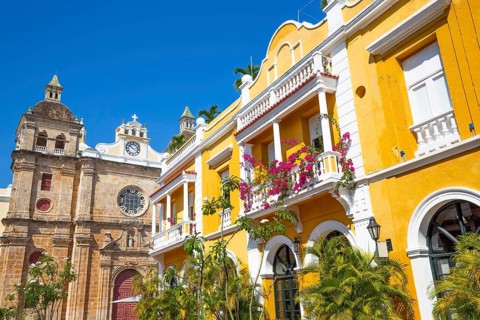 Famous colonial Cartagena Walled City (Cuidad Amurrallada) and its colorful buildings in historic