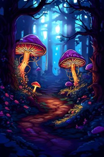 Enchanted magical forest in pixel art style with glowing mushrooms, AI generated
