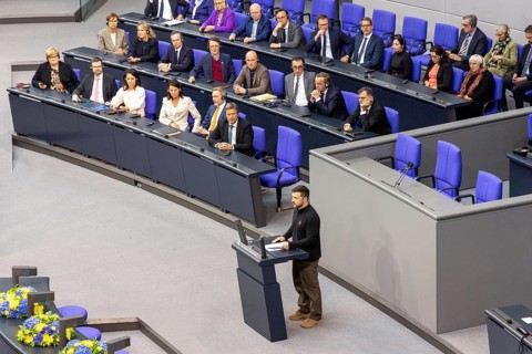 Volodymyr Zelensky (President of Ukraine) delivers a speech at a special session of the German