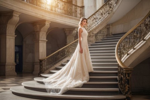 Happy young elegant bride in luxury dress and luxury setting waiting for wedding ceremony to begin,