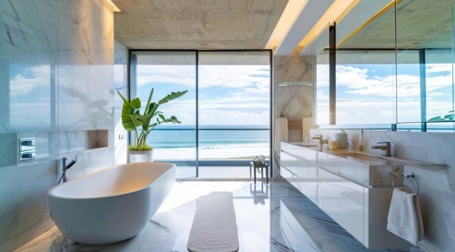 Luxury modern bathroom interior in ocean condo with expensive design and scenic view, AI generated