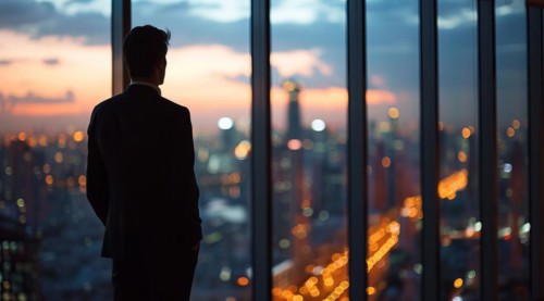 Confident business manager executive overlooking financial center from corporate office, AI