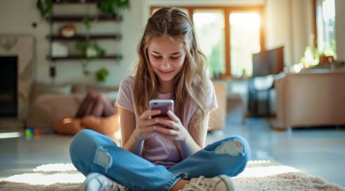 Teenager browsing internet on mobile device and playing with smartphone apps, AI generated