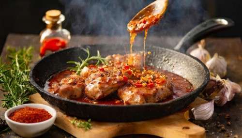 A person is cooking chicken in a pan on a stove. The pan is filled with a red sauce and the chicken