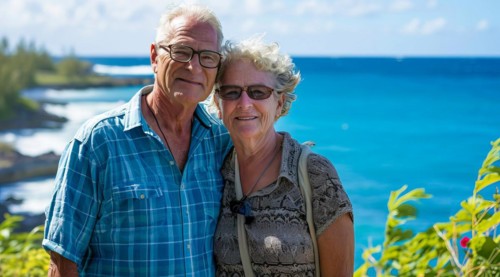 Healthy and happy active senior couple enjoying retirement close to a beach property, AI generated