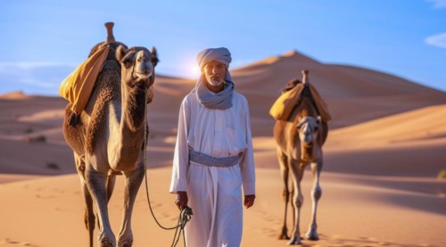 Camel rider with camels travelling over dunes in the desert, AI generated